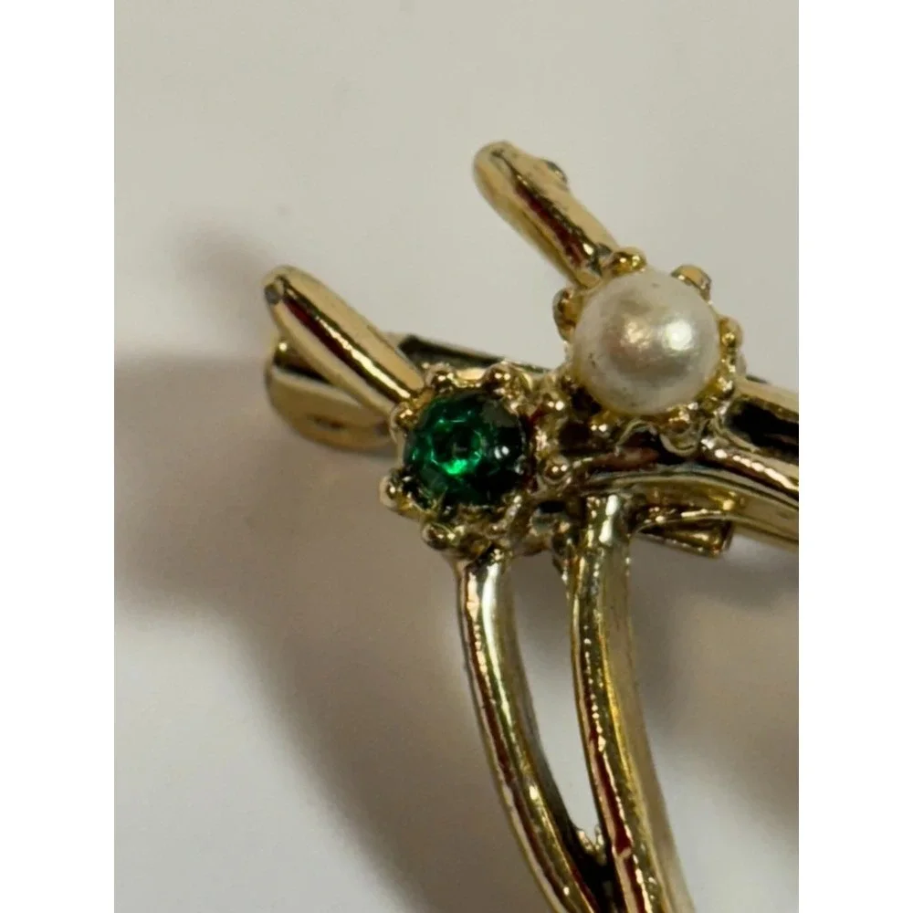Vintage Brooch Lucky Wish Bone Faux Pearl‎ Green Rhinestone